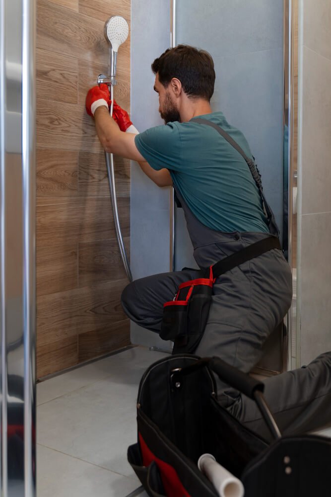 Modern wet room bathroom conversion with linear drain, marble-look tile walls, and frameless glass in Miami